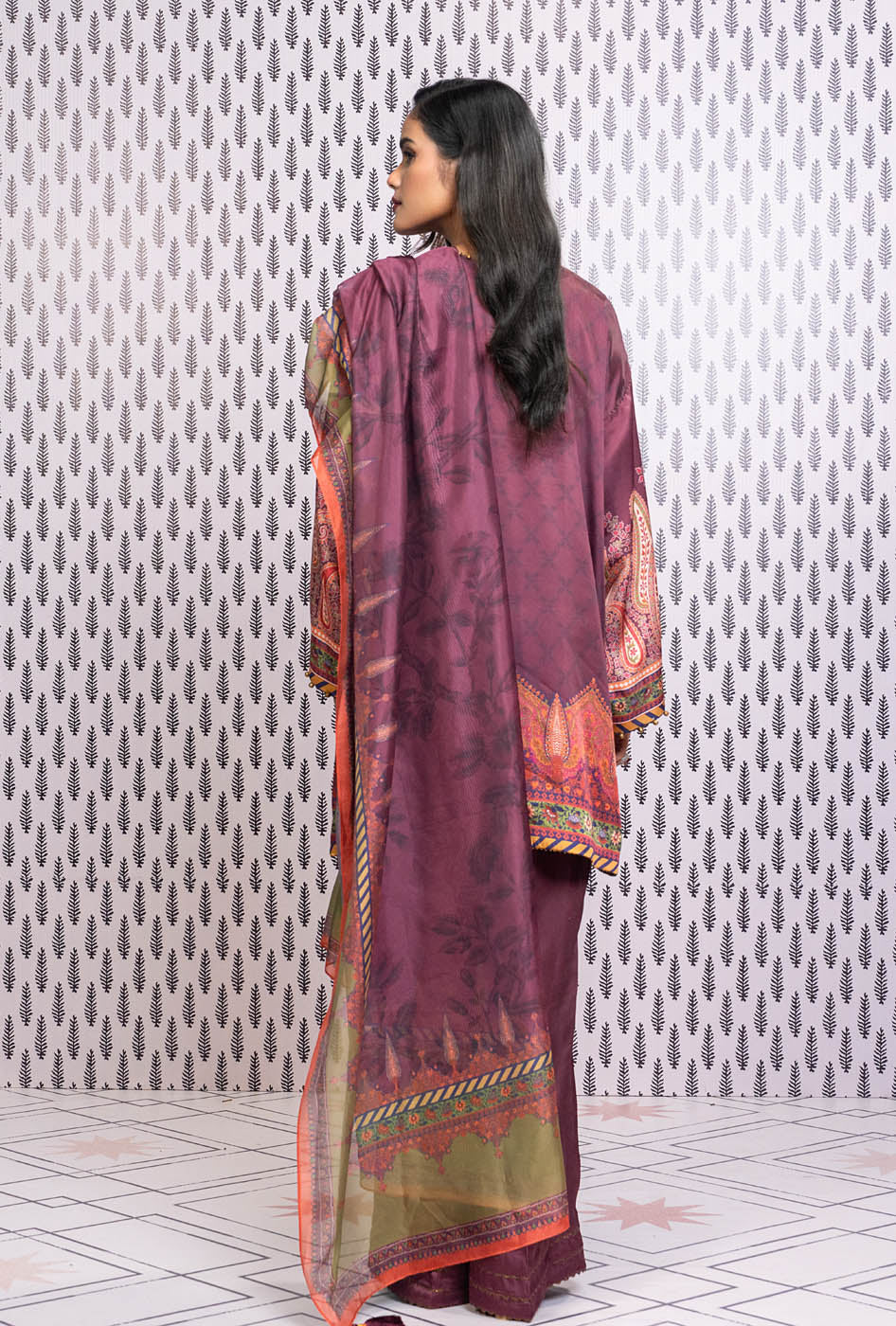 Three Piece Embroidered Chamois Silk Suit With Tissue Silk Dupatta