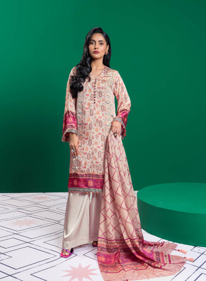 Three Piece Embroidered Chamois Silk Suit With Tissue Silk Dupatta