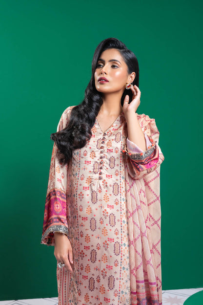 Three Piece Embroidered Chamois Silk Suit With Tissue Silk Dupatta