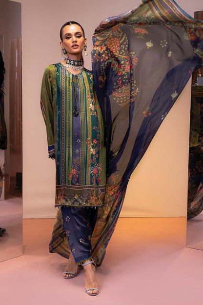 3 Pc Printed Chamois Silk Suit With Tissue Silk Dupatta