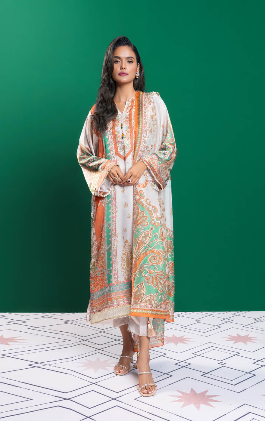 2 Pc Embroidered Chamois Silk Suit With Tissue Silk Dupatta