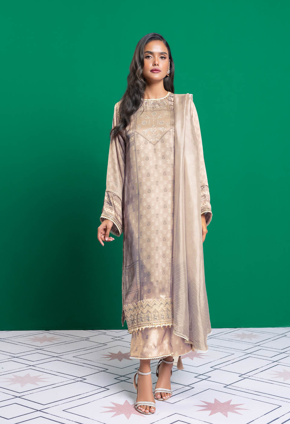Three Piece Embroidered Chamois Silk Suit With Tissue Silk Dupatta