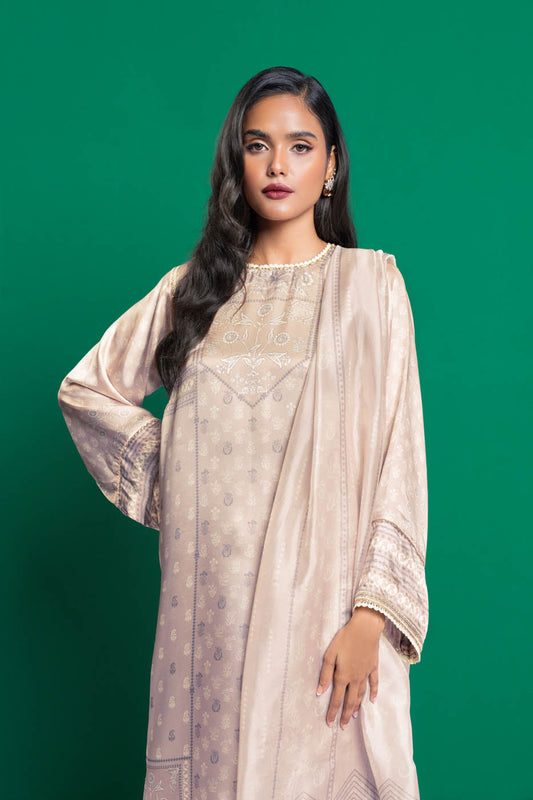 Three Piece Embroidered Chamois Silk Suit With Tissue Silk Dupatta