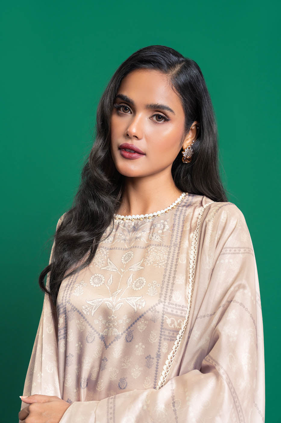 Three Piece Embroidered Chamois Silk Suit With Tissue Silk Dupatta