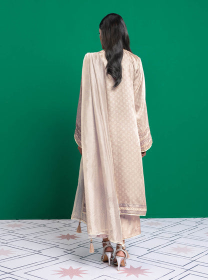 Three Piece Embroidered Chamois Silk Suit With Tissue Silk Dupatta