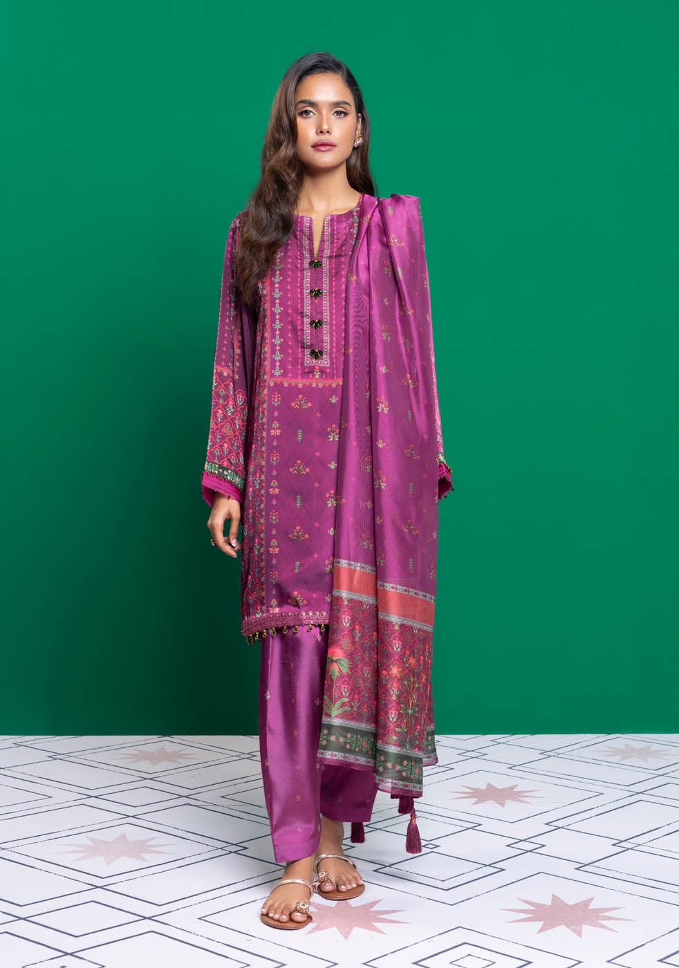 Three Piece Embroidered Chamois Silk Suit With Tissue Silk Dupatta