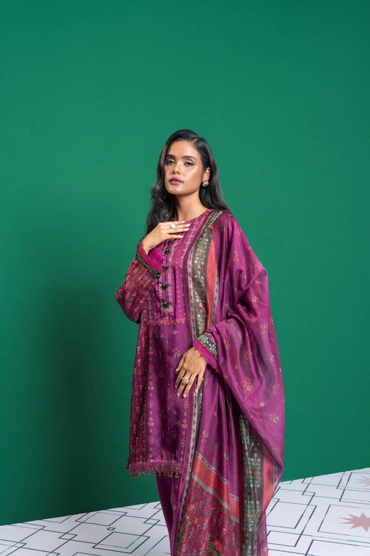 Three Piece Embroidered Chamois Silk Suit With Tissue Silk Dupatta