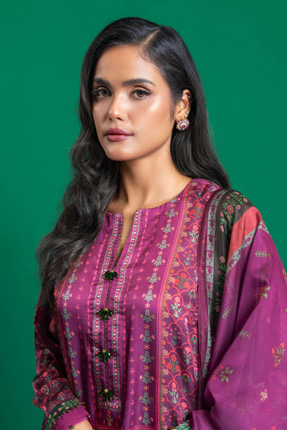 Three Piece Embroidered Chamois Silk Suit With Tissue Silk Dupatta