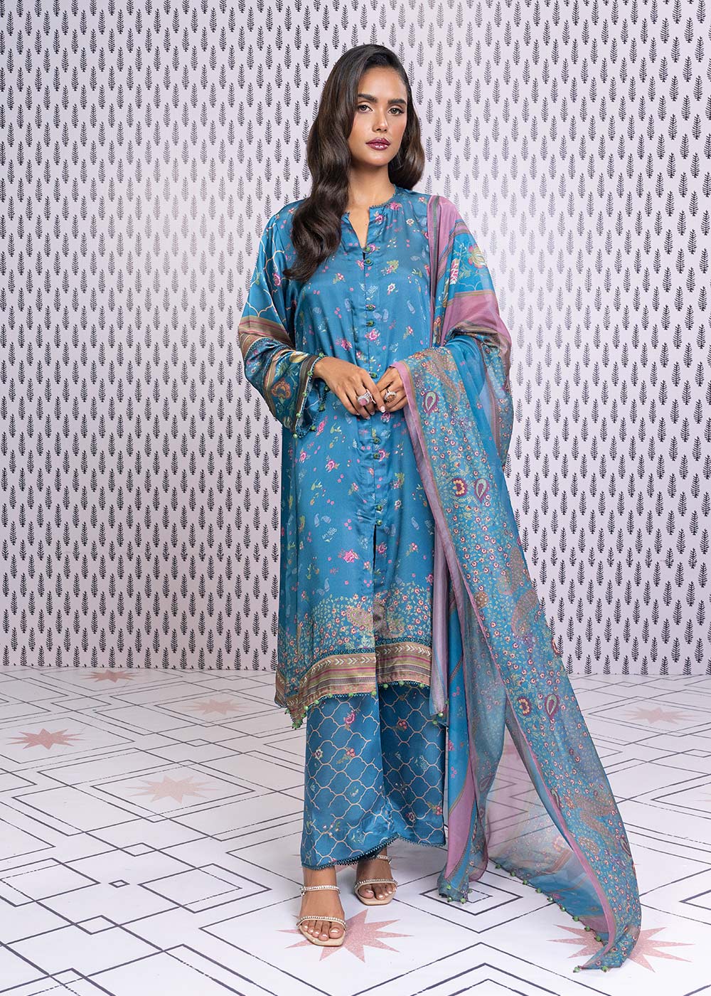 3 Pc Printed Chamois Silk Suit With Tissue Silk Dupatta