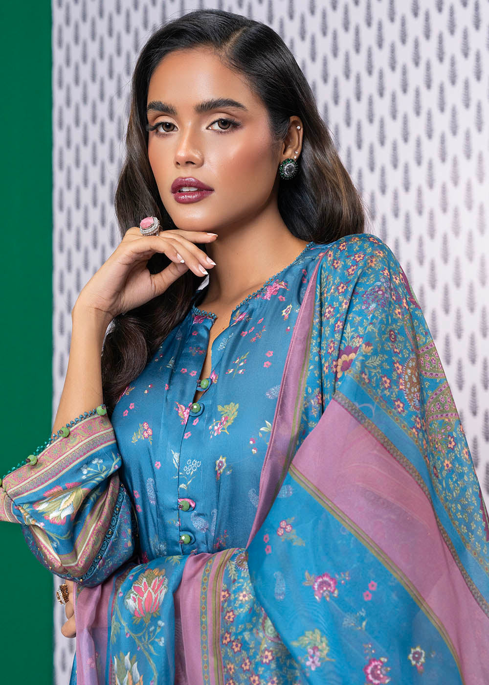 3 Pc Printed Chamois Silk Suit With Tissue Silk Dupatta