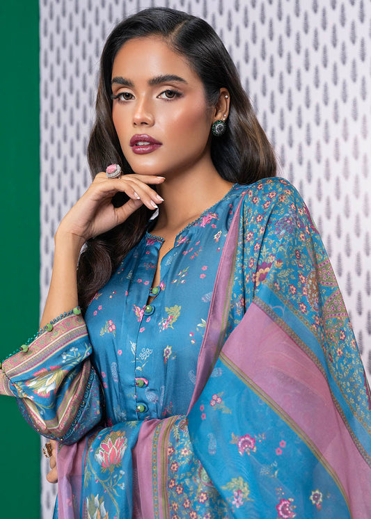 3 Pc Printed Chamois Silk Suit With Tissue Silk Dupatta