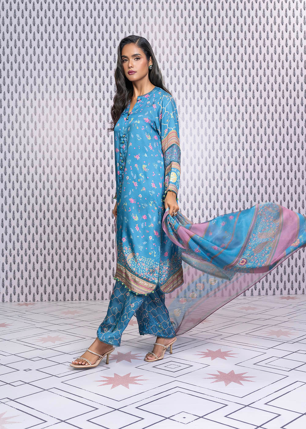 3 Pc Printed Chamois Silk Suit With Tissue Silk Dupatta
