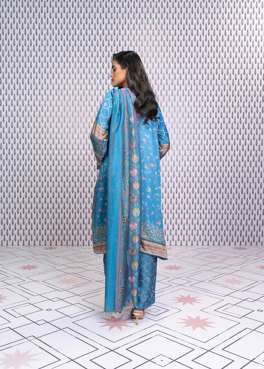 3 Pc Printed Chamois Silk Suit With Tissue Silk Dupatta
