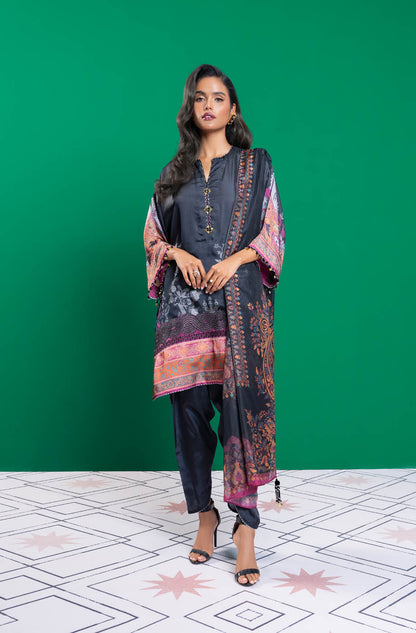 Three Piece Embroidered Chamois Silk Suit With Tissue Silk Dupatta