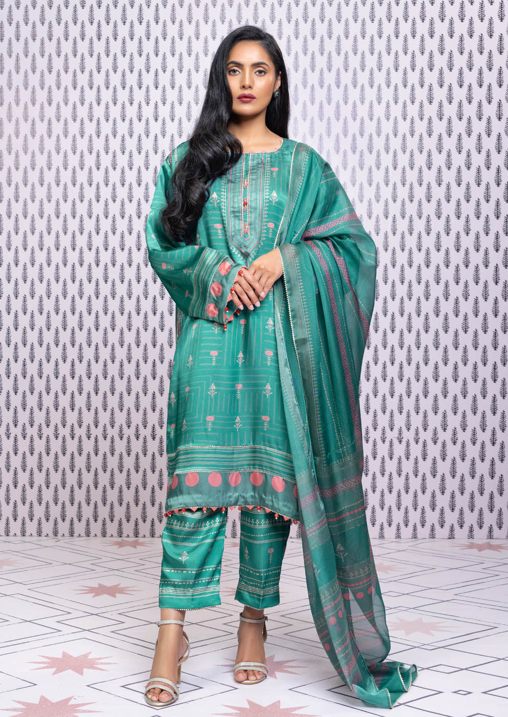 Three Piece Printed Chamois Silk Suit With Tissue Silk Dupatta