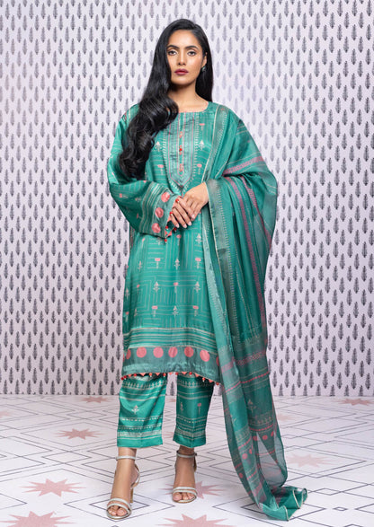 Three Piece Printed Chamois Silk Suit With Tissue Silk Dupatta