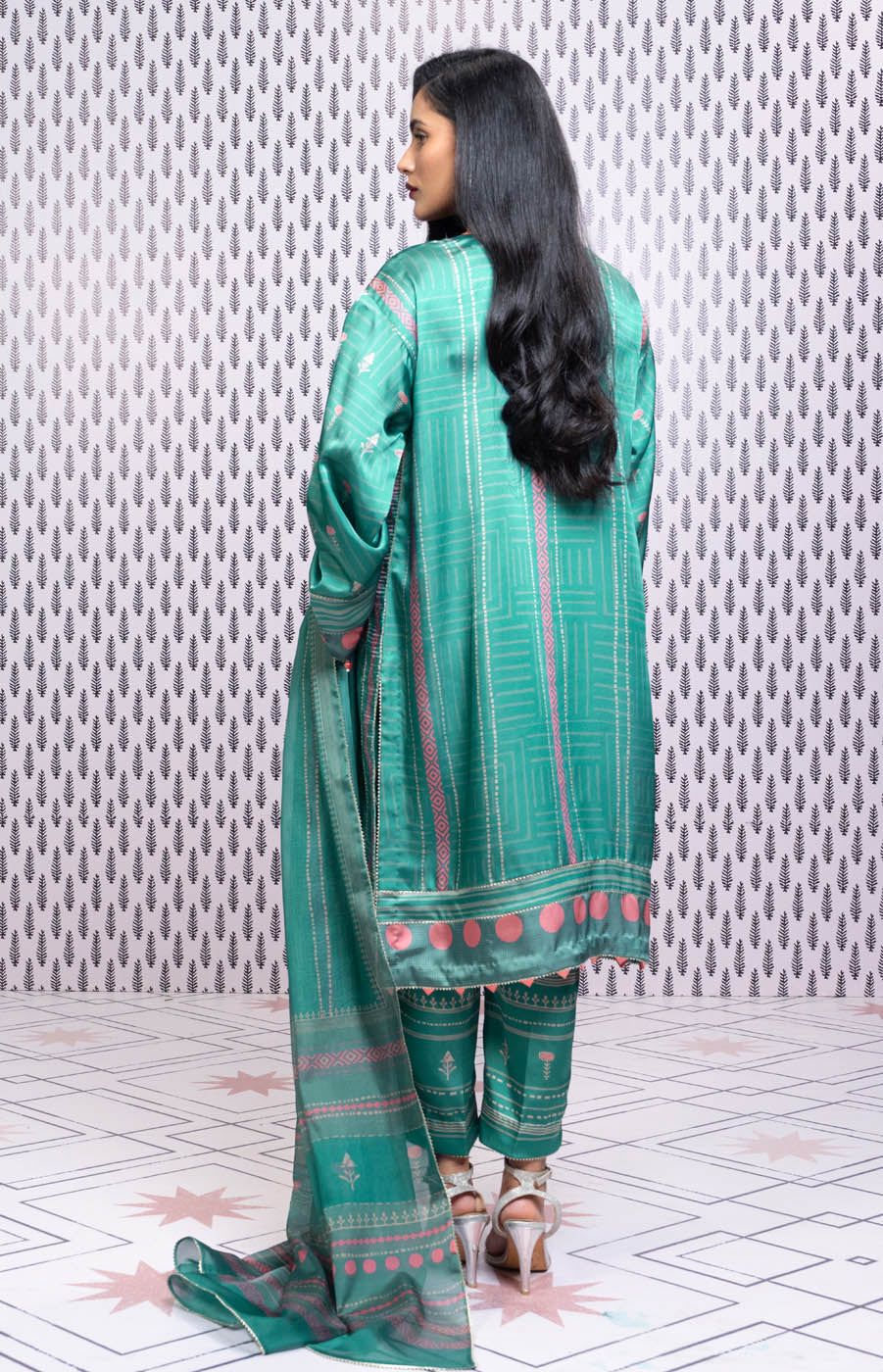 Three Piece Printed Chamois Silk Suit With Tissue Silk Dupatta