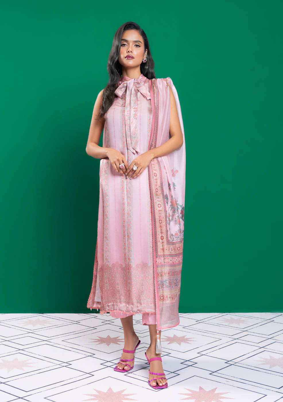 Three Piece Printed Chamois Silk Suit With Tissue Silk Dupatta