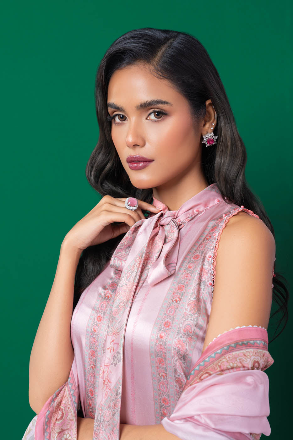 Three Piece Printed Chamois Silk Suit With Tissue Silk Dupatta