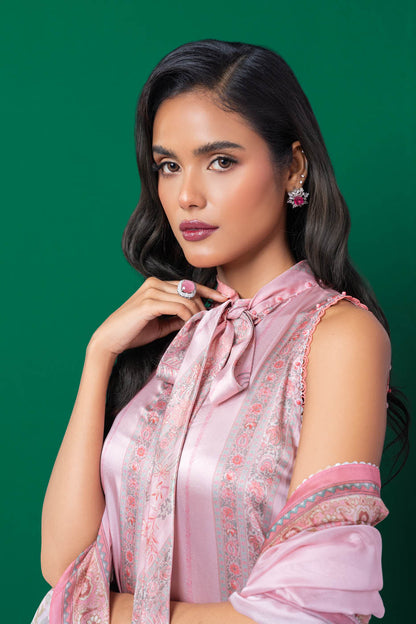 Three Piece Printed Chamois Silk Suit With Tissue Silk Dupatta