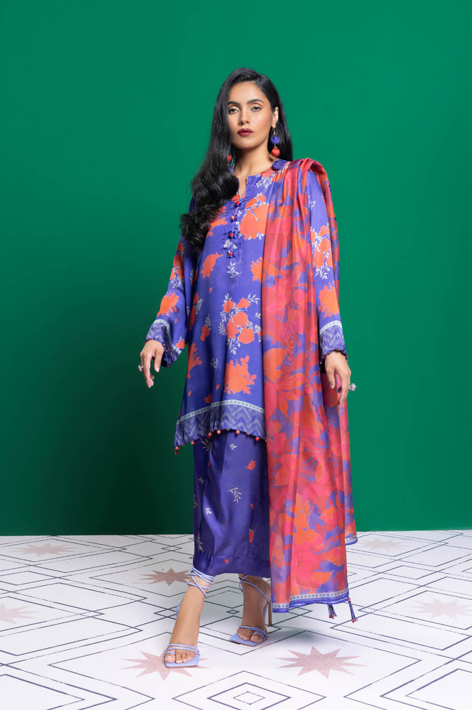 3 Pc Printed Chamois Silk Suit With Tissue Silk Dupatta