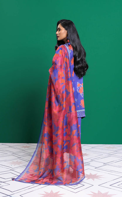 3 Pc Printed Chamois Silk Suit With Tissue Silk Dupatta