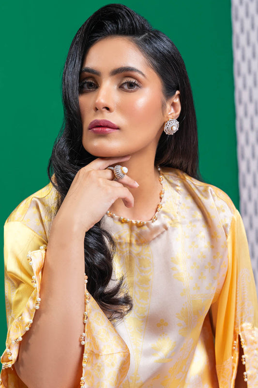 Three Piece Printed Chamois Silk Suit With Tissue Silk Dupatta