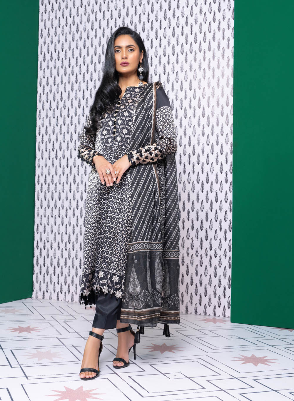 Three Piece Printed Chamois Silk Suit With Tissue Silk Dupatta