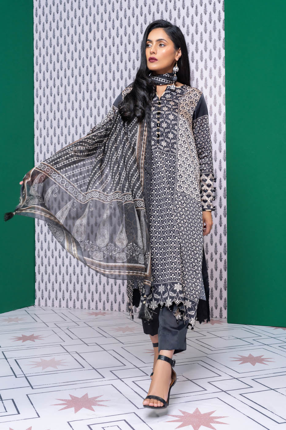 Three Piece Printed Chamois Silk Suit With Tissue Silk Dupatta
