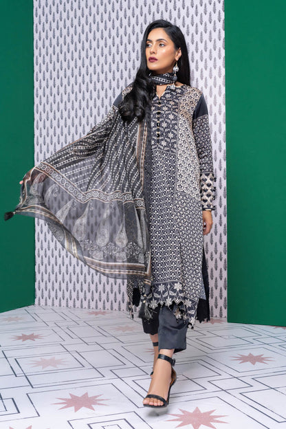 Three Piece Printed Chamois Silk Suit With Tissue Silk Dupatta
