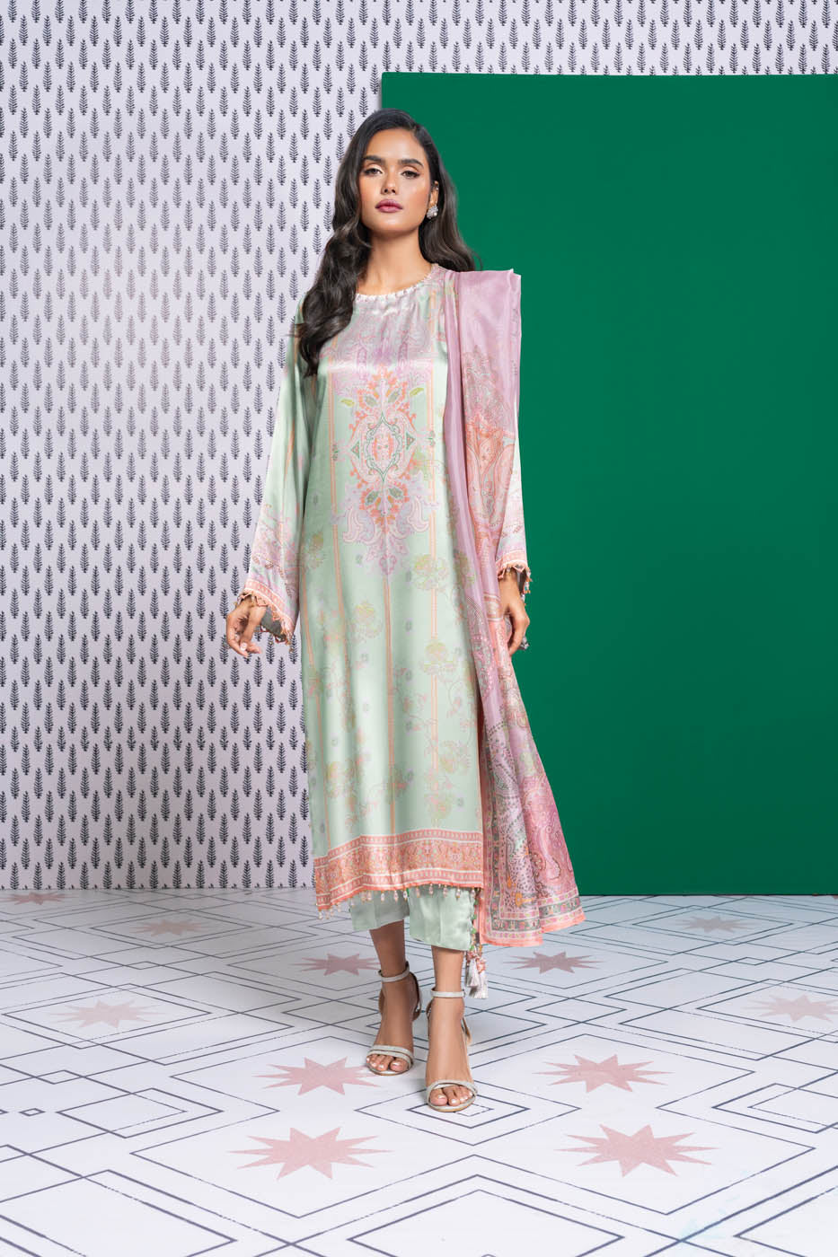 3 Pc Printed Chamois Silk Suit With Tissue Silk Dupatta