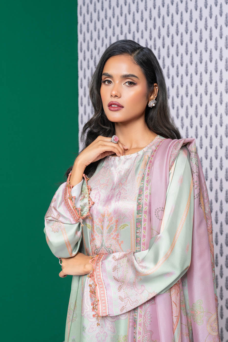 3 Pc Printed Chamois Silk Suit With Tissue Silk Dupatta