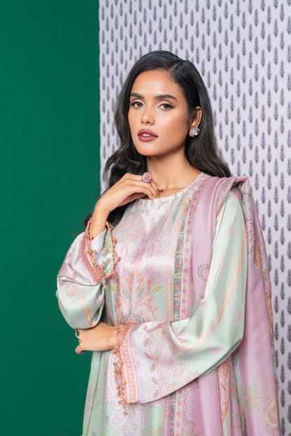 3 Pc Printed Chamois Silk Suit With Tissue Silk Dupatta