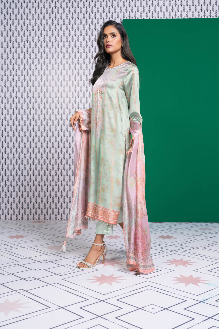 3 Pc Printed Chamois Silk Suit With Tissue Silk Dupatta