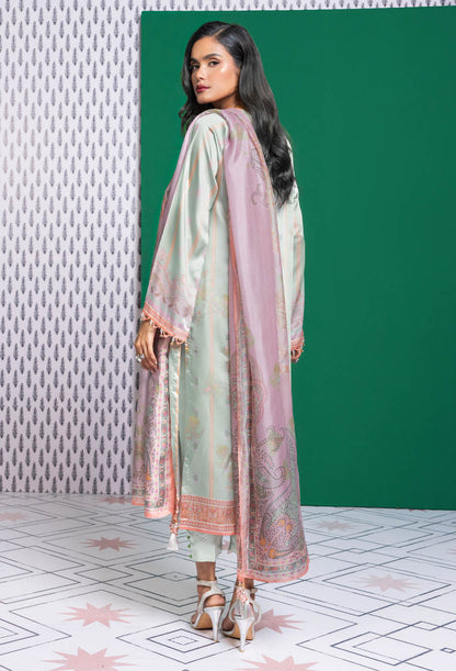 3 Pc Printed Chamois Silk Suit With Tissue Silk Dupatta
