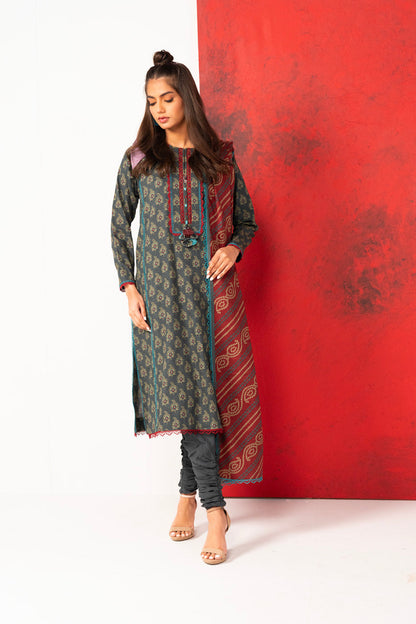 2 Pc Printed Khaddar Shirt With Khaddar Dupatta