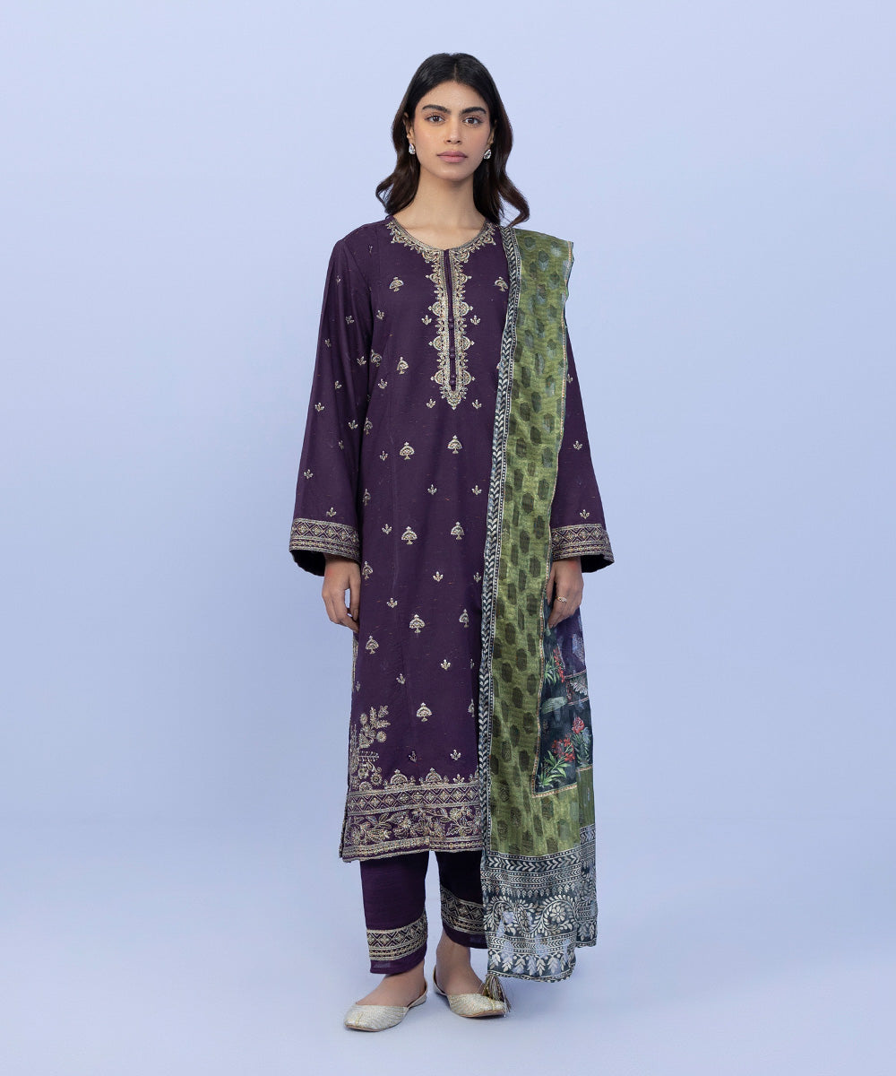 Sapphire - 3 Piece - Embroidered Textured Cotton Suit