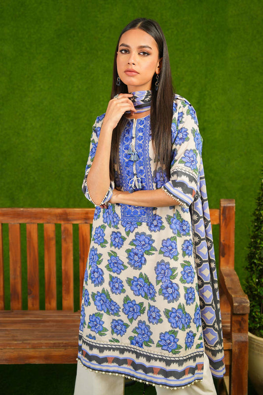 3 Pc Embroidered Lawn Suit With Silver Lawn Dupatta