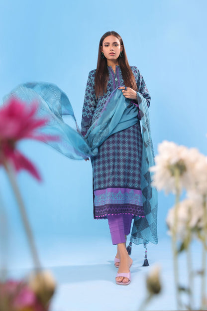 3 Pc Embroidered Lawn Suit With Chiffon Dupatta