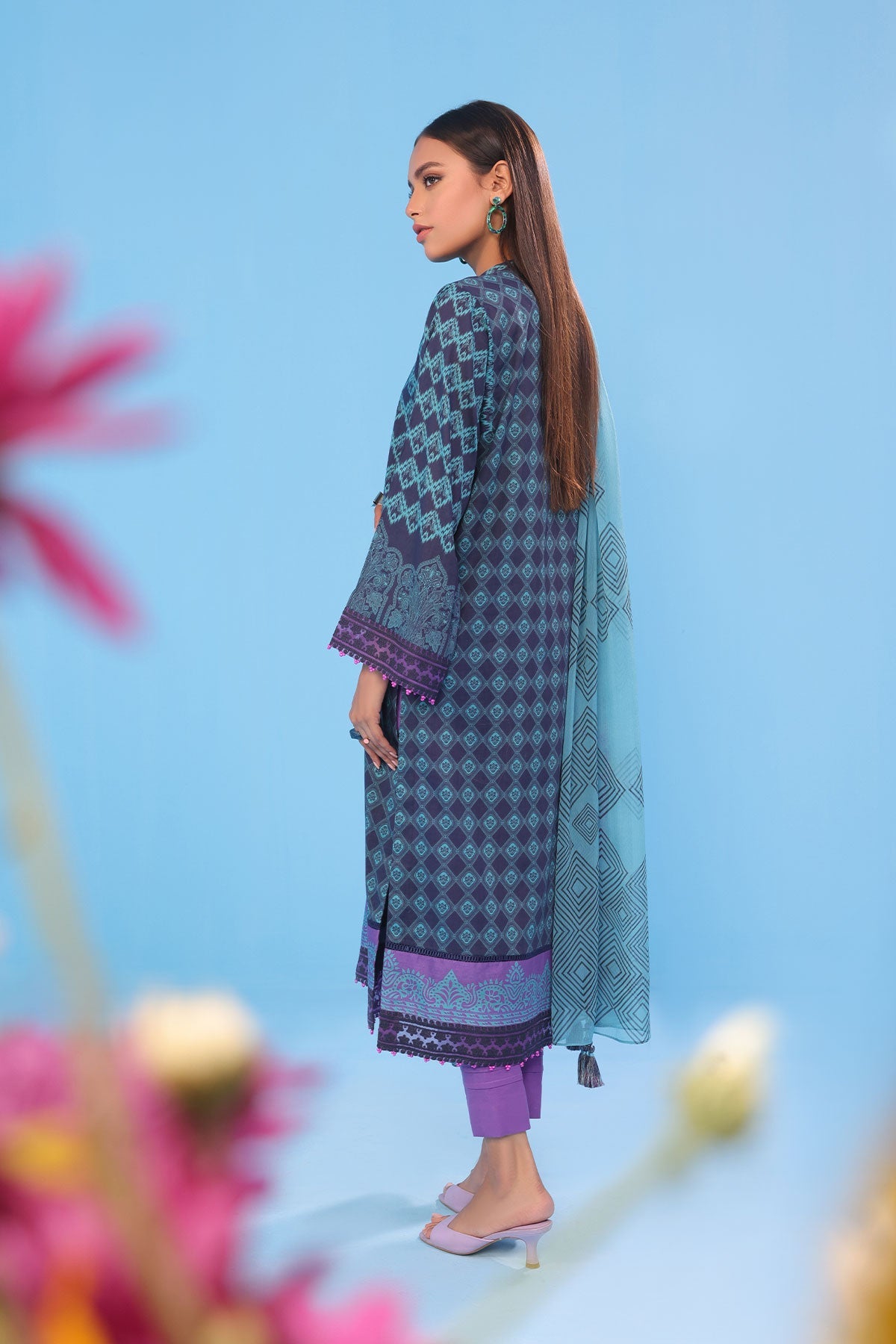 3 Pc Embroidered Lawn Suit With Chiffon Dupatta