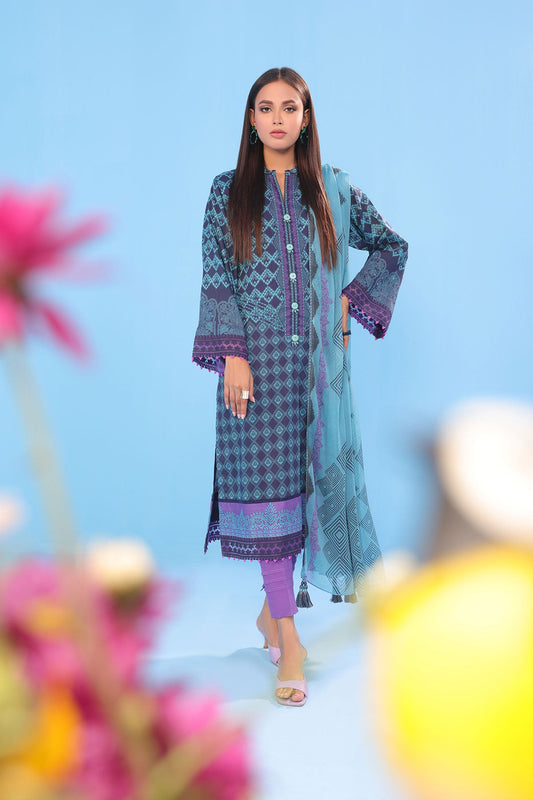 3 Pc Embroidered Lawn Suit With Chiffon Dupatta