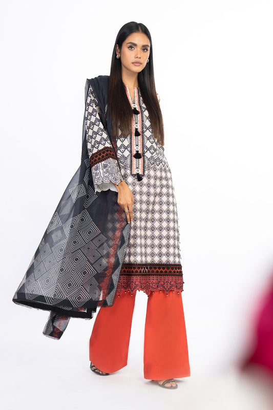 3 Pc Embroidered Lawn Suit With Chiffon Dupatta