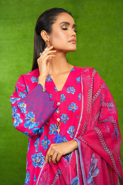 3 Pc Printed Lawn Suit With Chiffon Dupatta