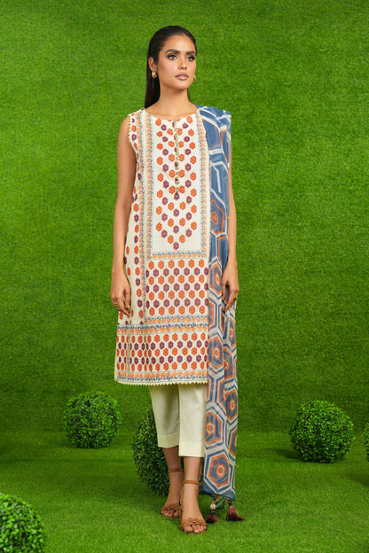 3 Pc Printed Lawn Suit With Chiffon Dupatta