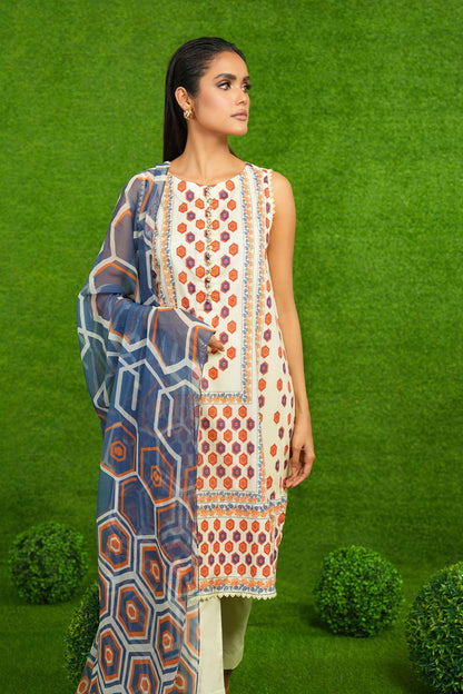 3 Pc Printed Lawn Suit With Chiffon Dupatta