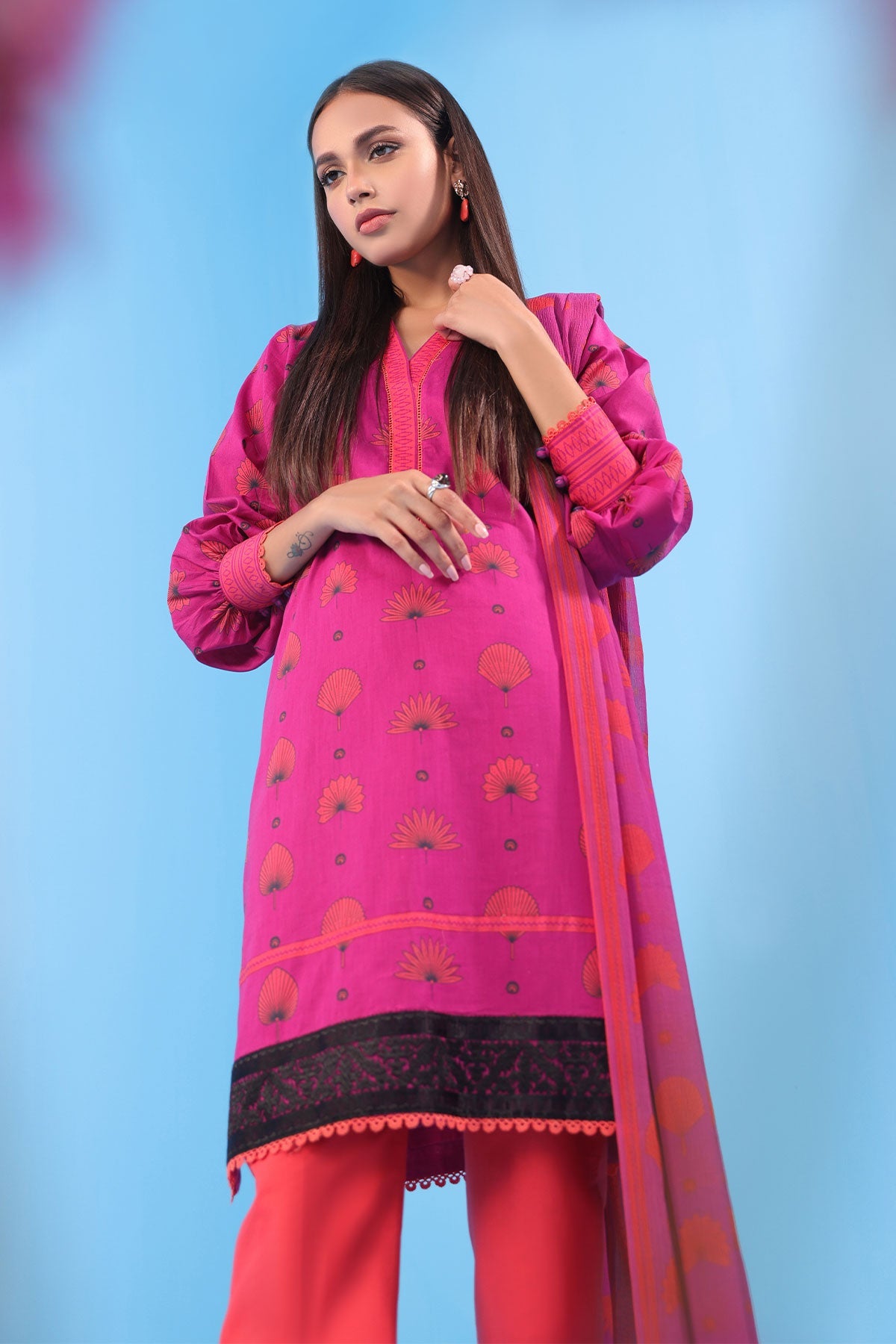 3 Pc Embroidered Lawn Suit With Chiffon Dupatta