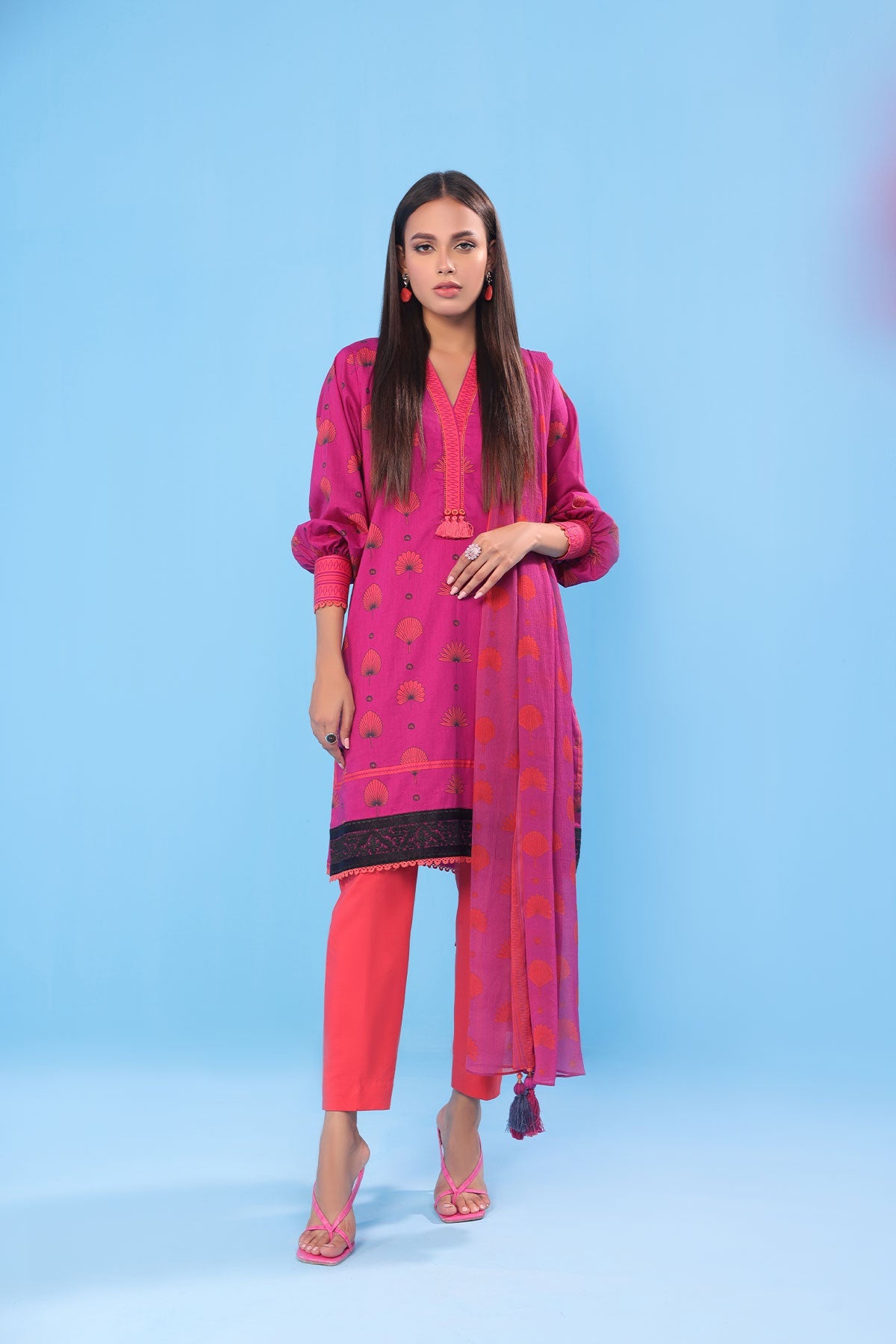 3 Pc Embroidered Lawn Suit With Chiffon Dupatta