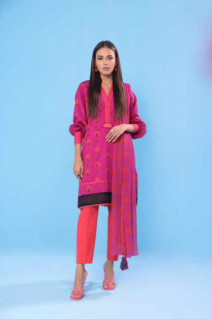 3 Pc Embroidered Lawn Suit With Chiffon Dupatta