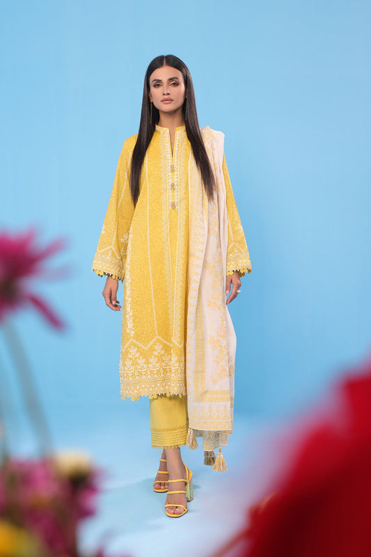 3 Pc Printed Lawn Suit With Jacquard Net Dupatta