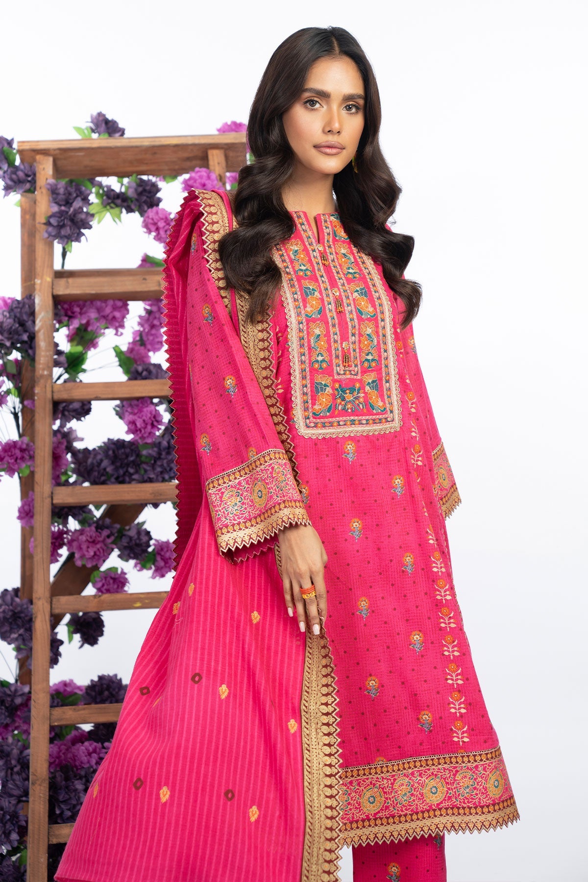 3 Pc Embroidered Lawn Suit With Leno Dupatta